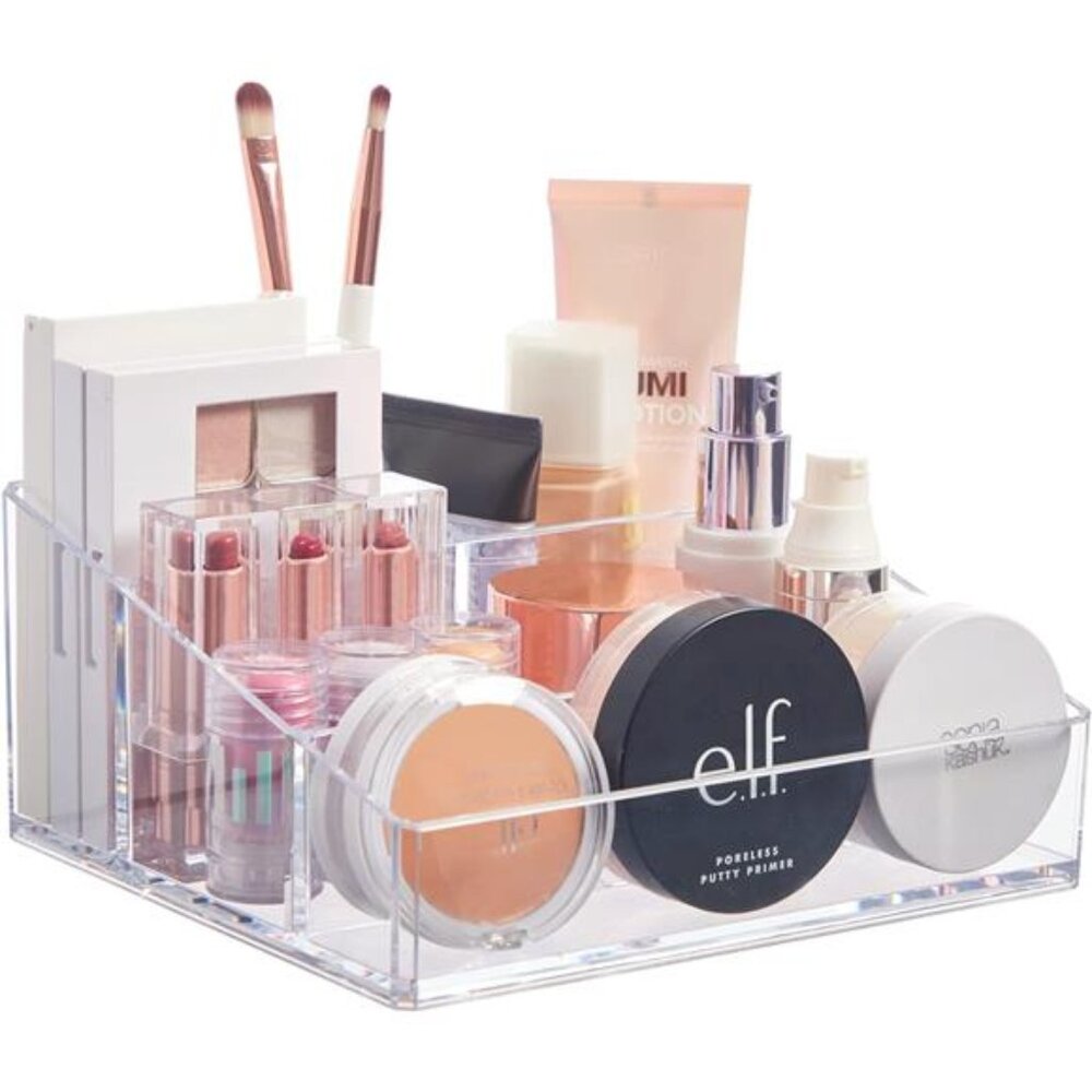 Clear Plastic Vanity Makeup Organizer | Compact Rectangular 4-Compartment